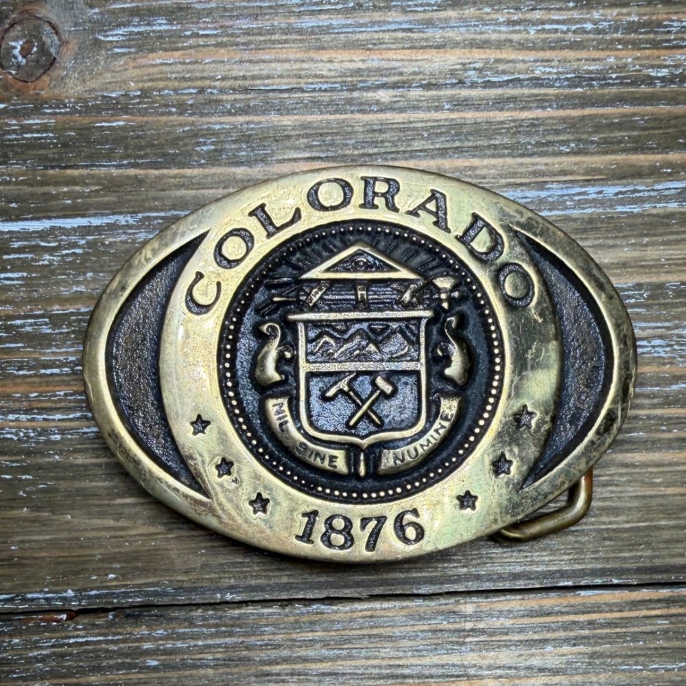 Vintage Heritage Mint Colorado 1876 Solid Brass Belt Buckle State Seal Rodeo